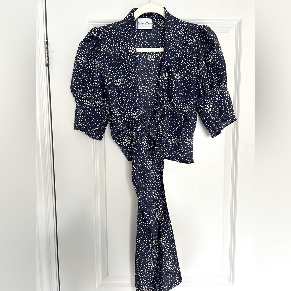 MaisonCleo navy and cream polka dot silk blouse and skirt set size FR 36/US S